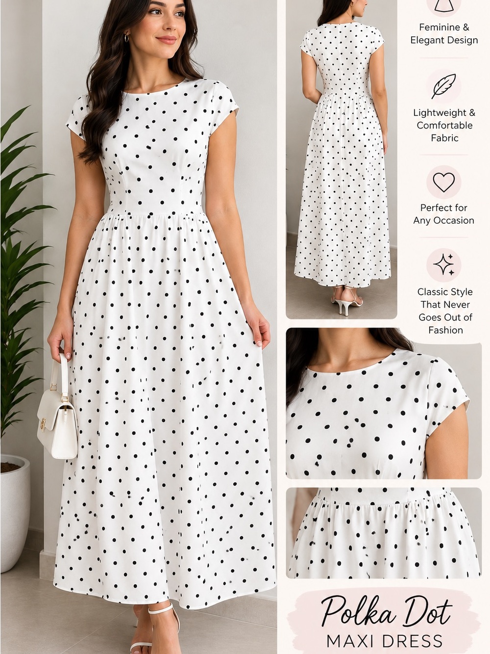 Girls' White Polka Dot Midi Dress